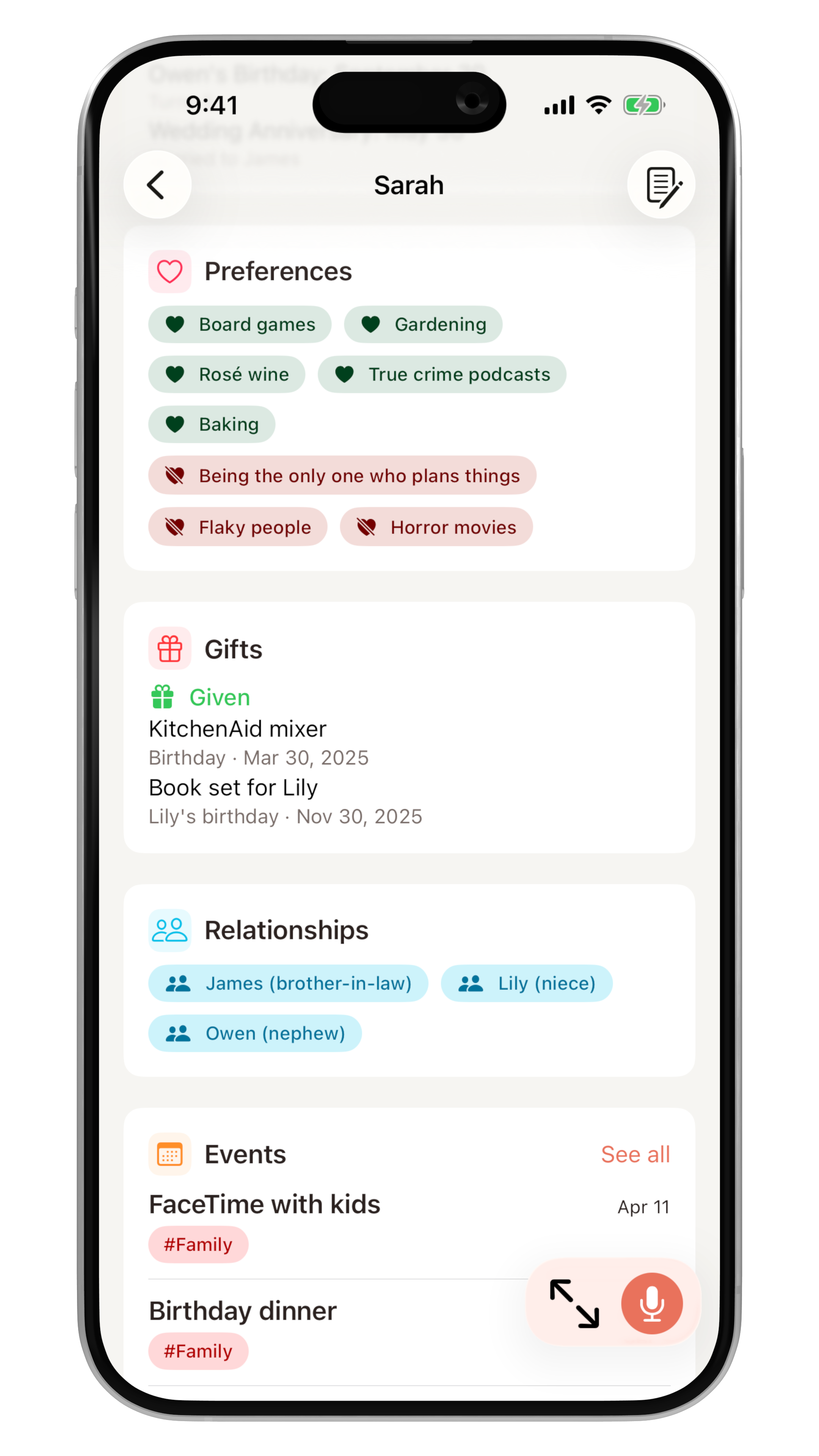 Contacts Magic widget on iPhone home screen with upcoming follow-ups