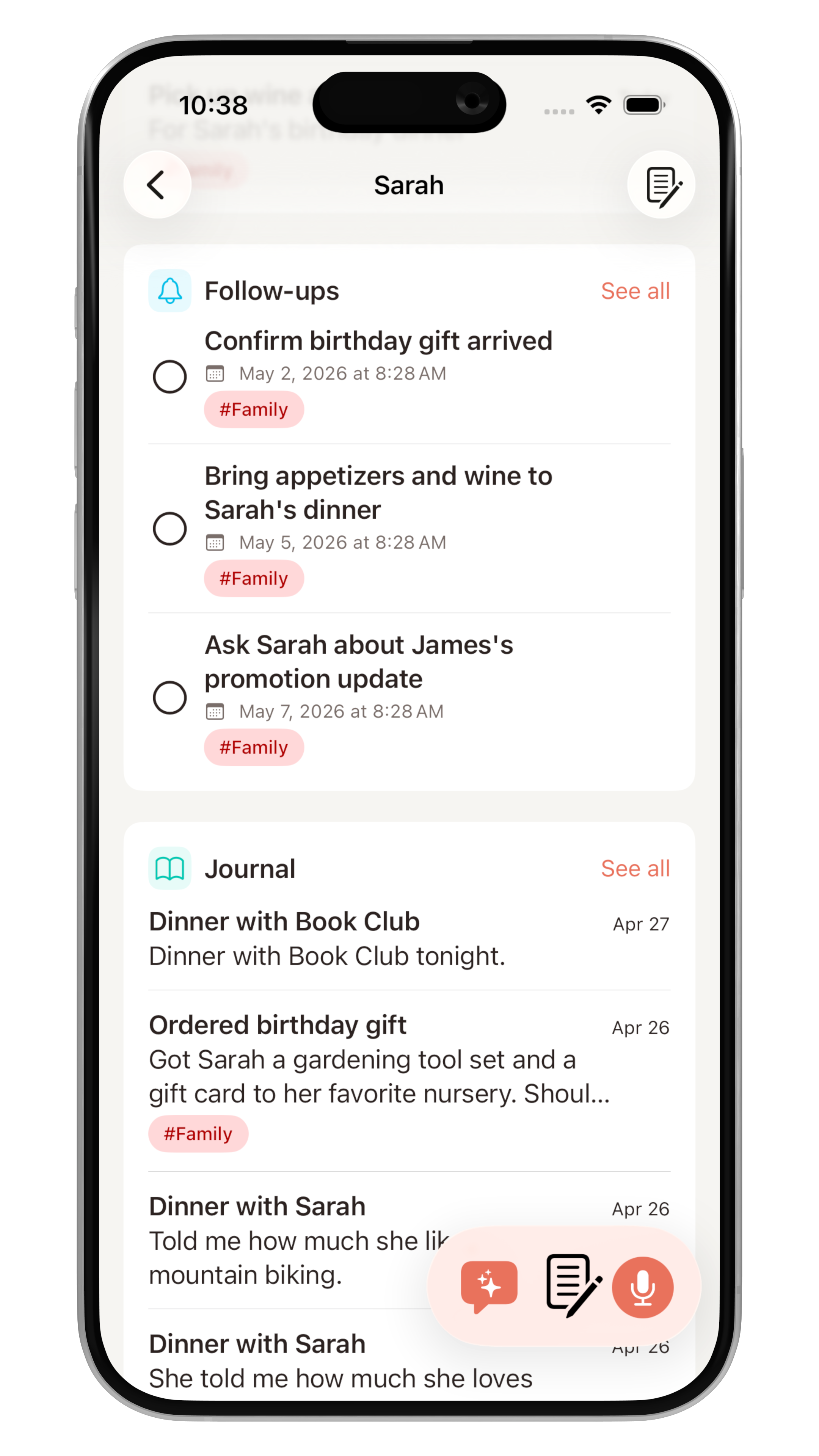 Contact detail screen showing relationship context, journal entries, and follow-ups